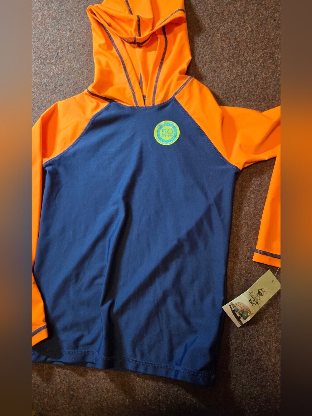 New! Panama Jack Kids UV Swim Shirt Size 7/8 Hooded Orange And Blue